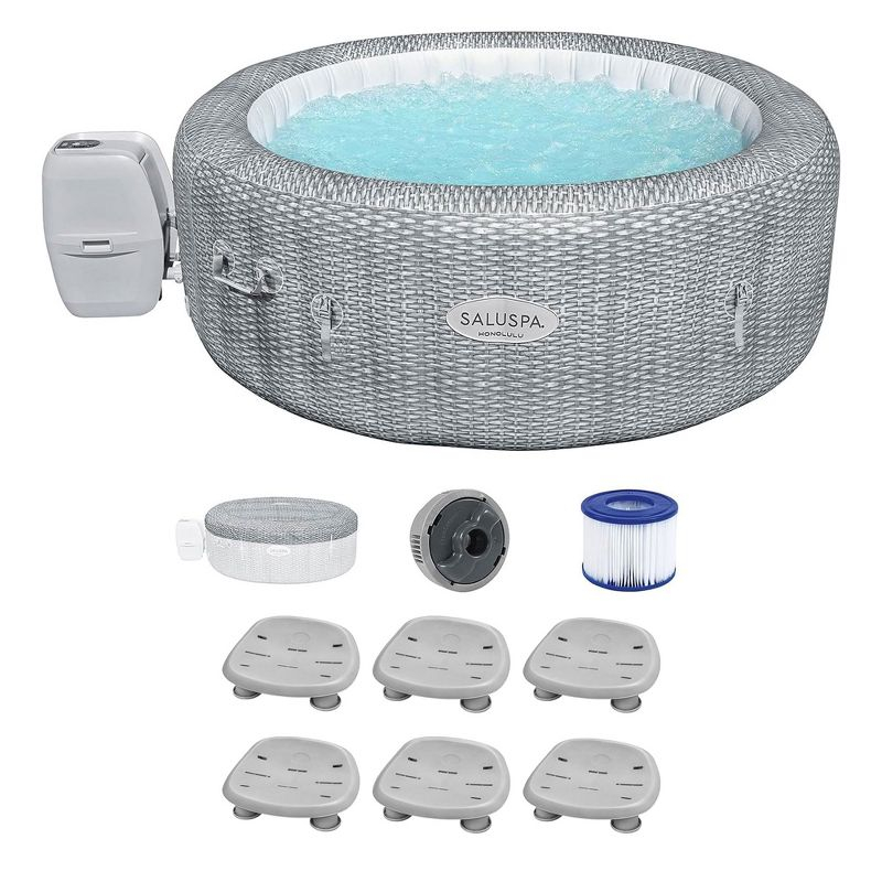 Bestway SaluSpa Honolulu AirJet Inflatable Hot Tub with 140 Soothing Jets with 6 Pack SaluSpa Underwater Non Slip Pool & Spa Seat with Adjustable Legs