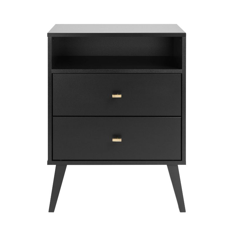 Mid Century Modern 2 Drawer Tall Nightstand with Shelf Black - Prepac: Brushed Brass Knobs, Wood Legs