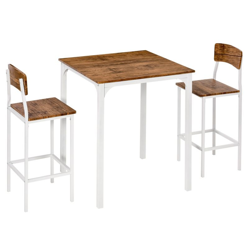 HOMCOM 3 Piece Bar Table and Chairs Set, Industrial Small Dining Table Set for 2, Square Kitchen Table and Stools, Walnut and White