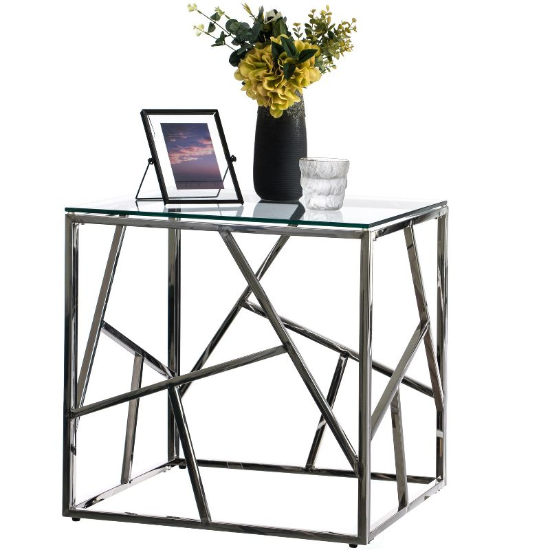 Fabulaxe Modern Square End Side Table, Tempered Glass Top Metal Coffee Table, Silver