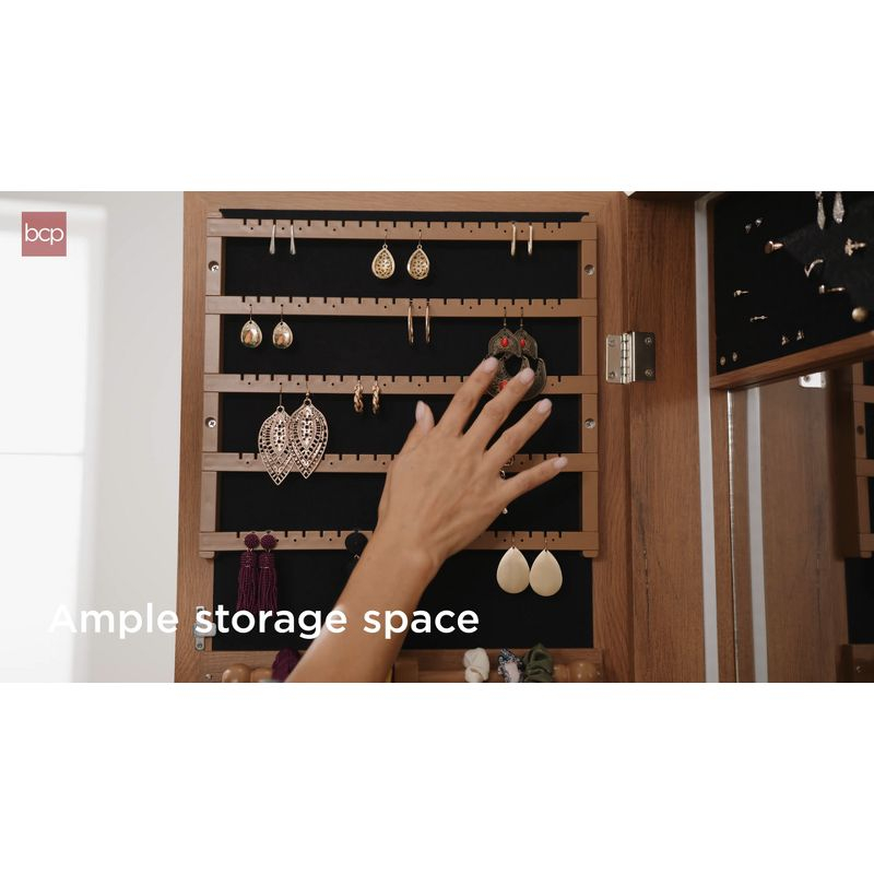 Best Choice Products Hanging Mirror Jewelry Armoire, Door or Wall Mounted Cabinet w/ LED Lights, Lock - Walnut