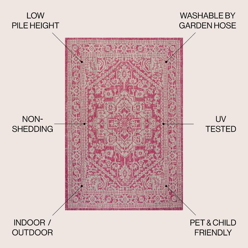 5' Round Sinjuri Medallion Textured Weave Indoor/Outdoor Area Rug, Fuchsia/Light Gray - JONATHAN Y