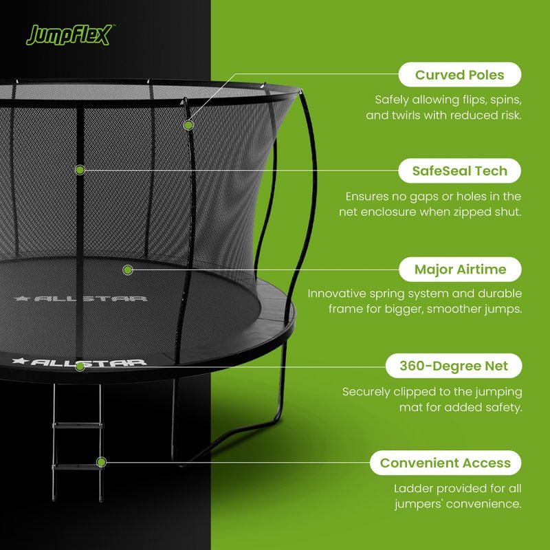 ALLSTAR 12 Ft Round Trampoline for Kids Outdoor Backyard Play Equipment Playset with Net Safety Enclosure and Ladder, Black