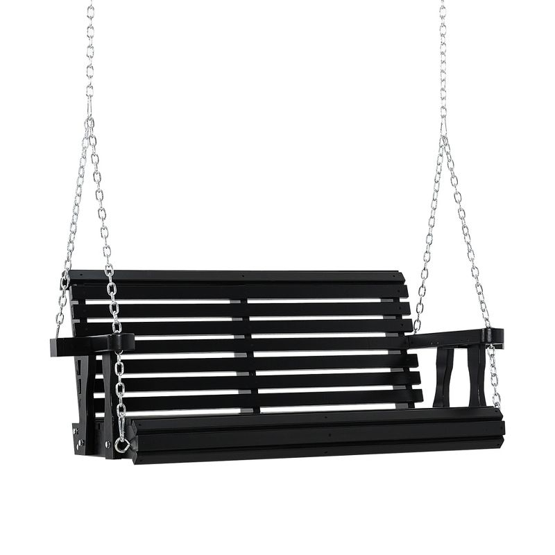 Outsunny 46" 2-Person Porch Swing Wooden Patio Swing Bench with Cup Holders, Slatted Design, & Chains Included, 440lb Weight Capacity, Black