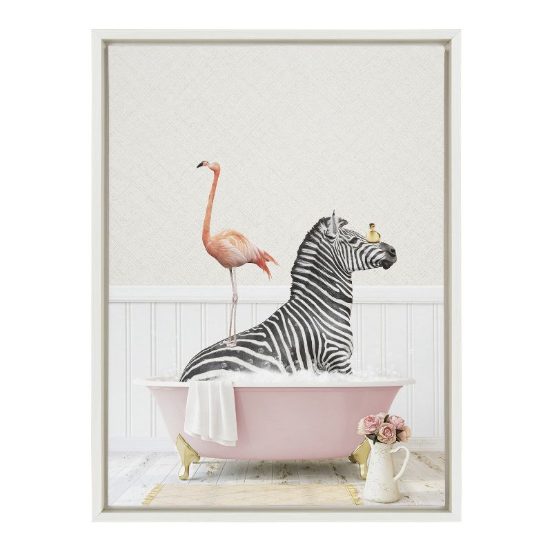 Kate and Laurel Sylvie Zebra and Flamingo in Cottage Rose Bath Framed Canvas by Amy Peterson Art Studio, 18x24, White