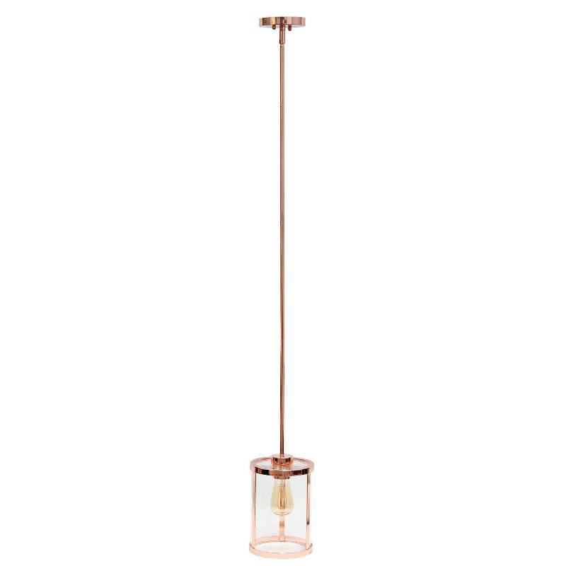 1-Light 9.25" Modern Farmhouse Adjustable Hanging Cylindrical Clear Glass Pendant Fixture with Metal Accent Rose Gold - Lalia Home