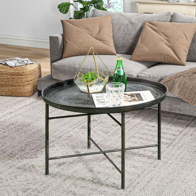 HOMCOM 24" Round Coffee Table with Hammered Tray Top, Vintage Metal Center Table for Living Room, Bedroom, Side Table, Pewter