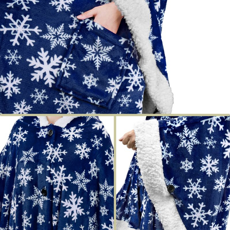 PAVILIA Angel Wrap Hooded Blanket for Women Adult, Wearable Cozy Wrap Throw Fleece Shawl Cape, Snowflake Blue/Faux Shearling