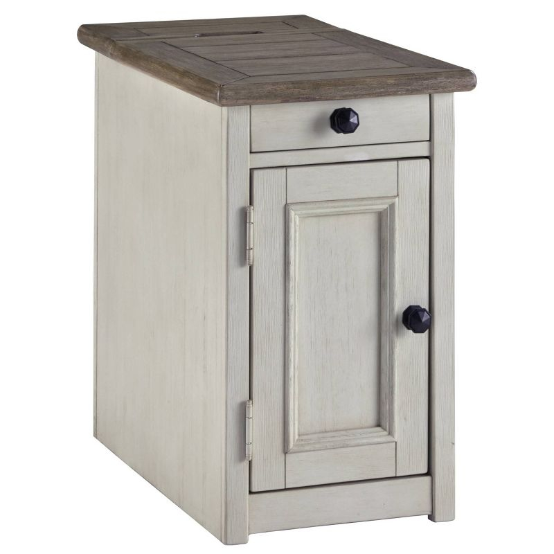 Signature Design by Ashley Bolanburg Chair Side End Table Brown/White: Vintage Style, USB Ports, Storage Cabinet