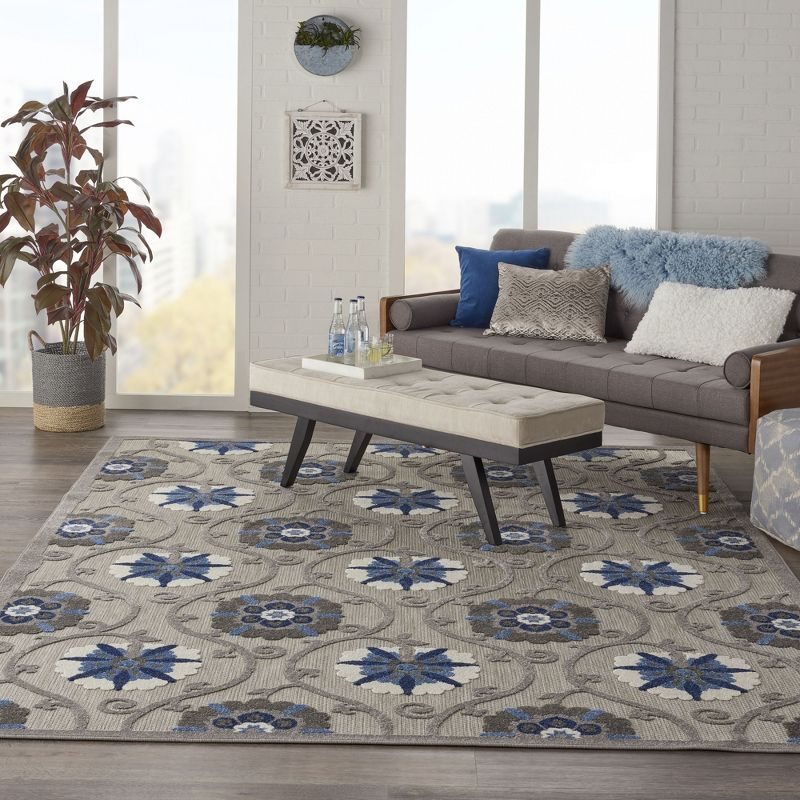 Nourison Aloha Contemporary Floral Flatweave High-Low Indoor Outdoor Area Rug Grey/Blue 7'10" x 10'6"