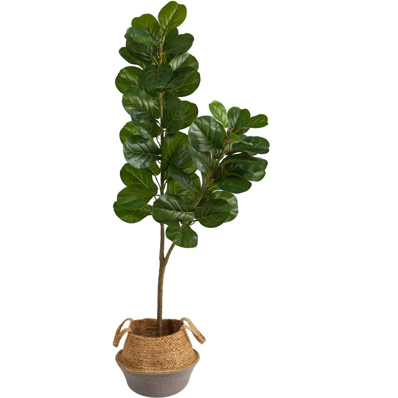 Nearly Natural 4.5-ft Fiddle Leaf Fig Artificial Tree with Boho Chic Handmade Cotton and Jute White Woven Planter