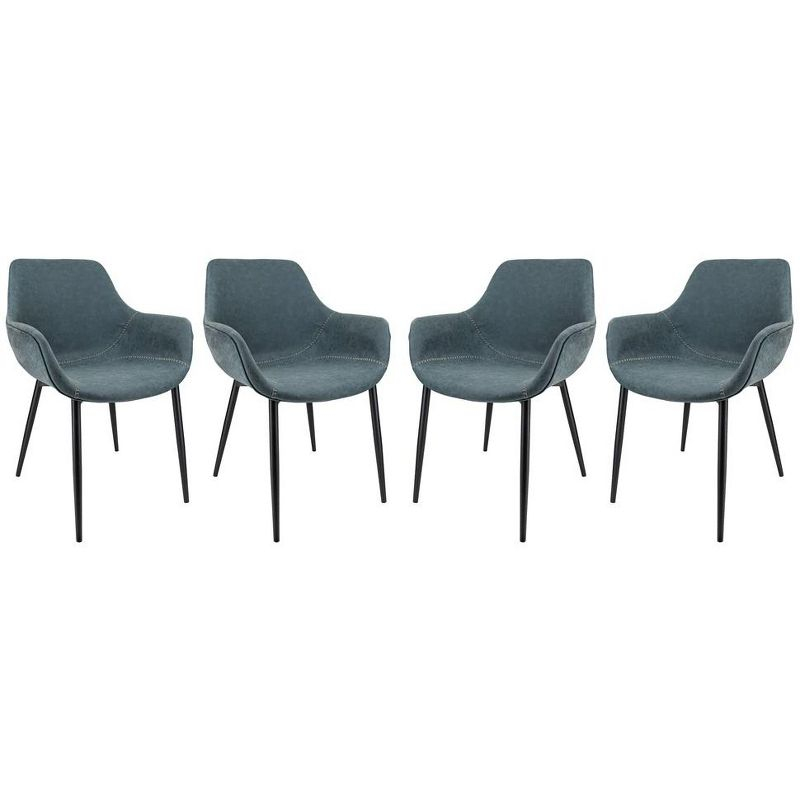 LeisureMod Markley Leather Dining Arm Chair With Metal Legs Set of 4 in Peacock Blue