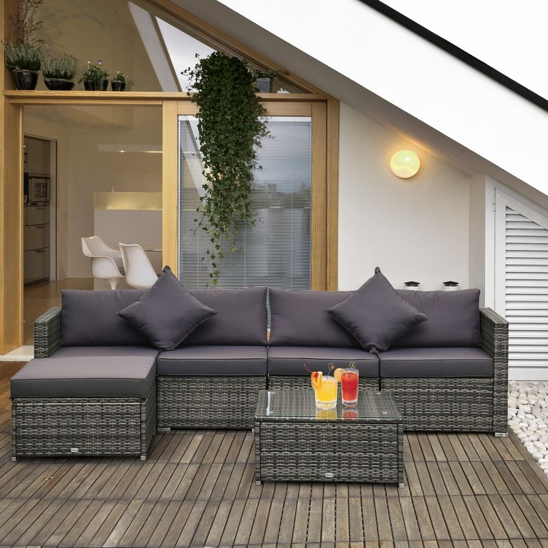 Outsunny 6 Pieces Patio Furniture Sets Outdoor Wicker All Weather PE Rattan Sectional sofa set with Ottoman, Cushions & Tempered Glass Desktop, Gray