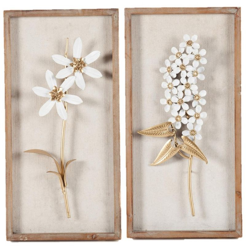 LuxenHome Set of 2 White and Gold Flower Bouquet Wall Decor Brown