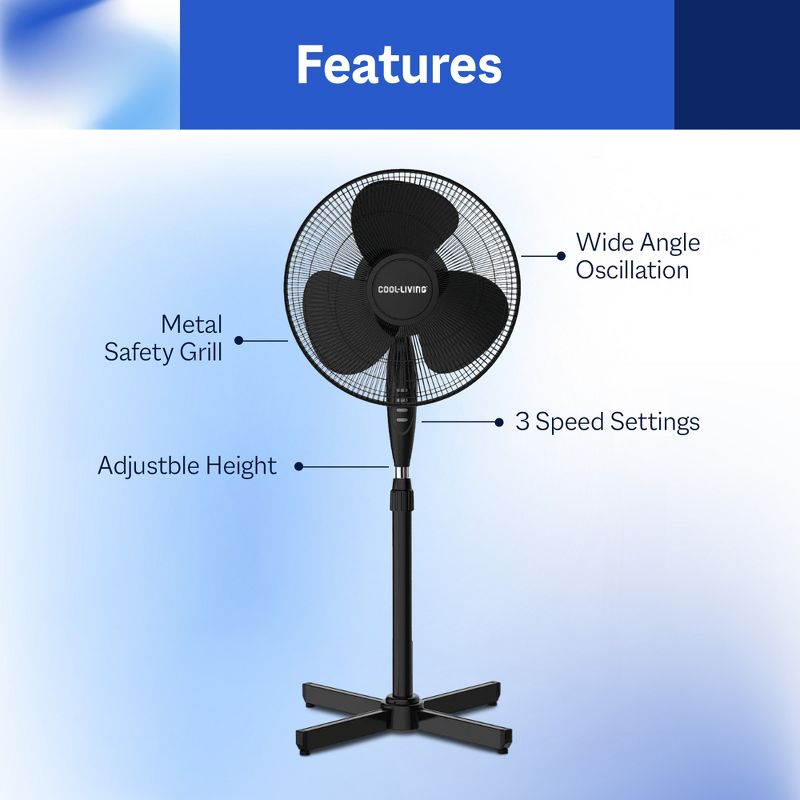 Cool-Living 16" Electric Oscillating Pedestal Fan with 3 Speed Options, 90-Degree Rotating Head, and Adjustable Height and Tilt, Black