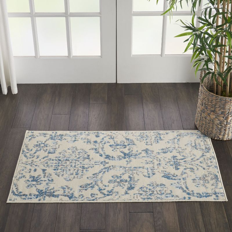 Nourison Jubilant 2' x 4' Ivory/Blue Area Rug Farmhouse Vintage Damask by Nourison