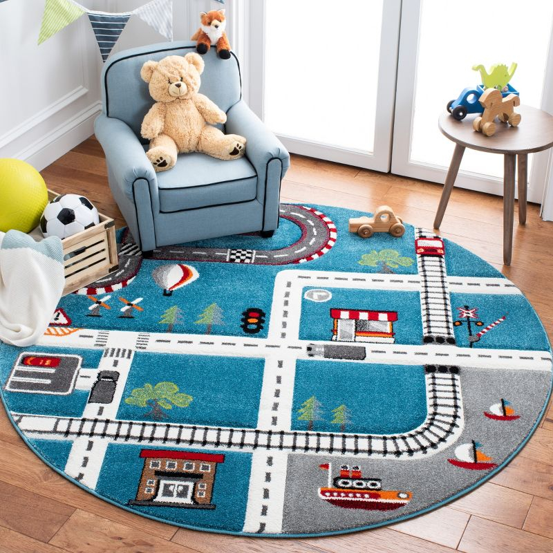 Carousel Kids  CRK192 Loomed Indoor Area Rug - Turquoise/Ivory - 4'x4' Round - Safavieh