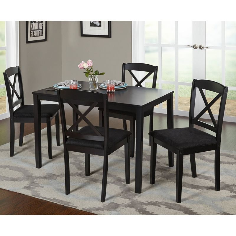 Buylateral 5pc Mason Farmhouse Crossback Rectangular Dining Set Black: Microfiber Upholstered Chairs, Seats 4
