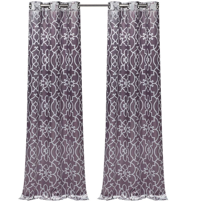 Kate Aurora 2 Piece Geo Sheen Palladian Grommet Top 88% Blackout Curtain Panels - 84 in. Long - Purple