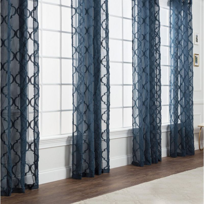 Chanasya 2pk Moroccan Embroidered Grommet Textured Sheer Window Curtain Panels - Set of 2 - 52 x 63 Inches Long - Dark Blue