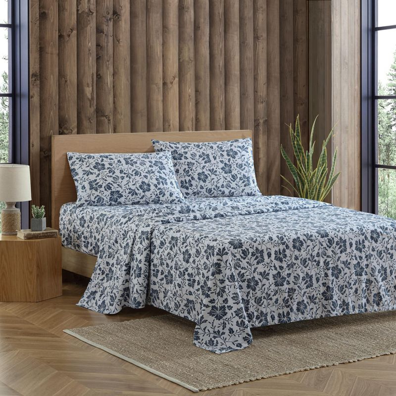 Eddie Bauer Woodblock Floral Blue 100% Cotton Percale Queen Sheet Set