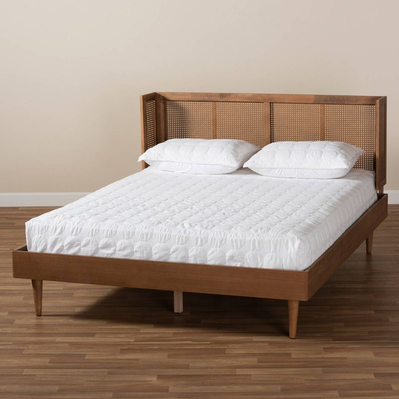 Queen Rina Wood Platform Bed with Headboard Ash Walnut - Baxton Studio: Mid-Century Modern Design, Synthetic Rattan Panel