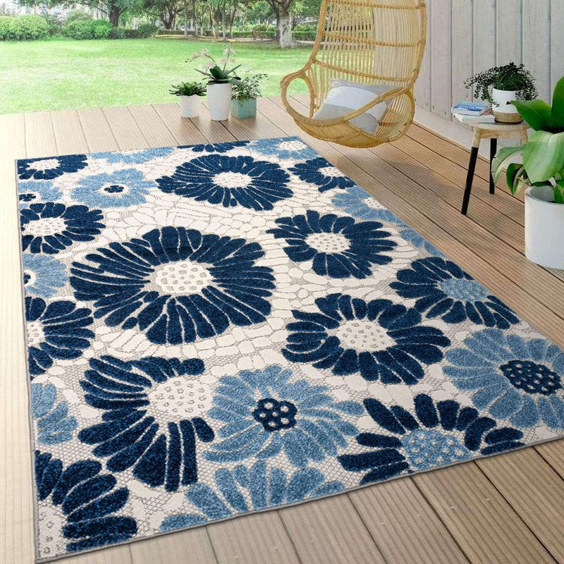 World Rug Gallery Palermo Modern Floral Indoor/Outdoor Area Rug - Navy 5' x 7':  Weather-Resistant,  Low Pile,  Botanical Pattern
