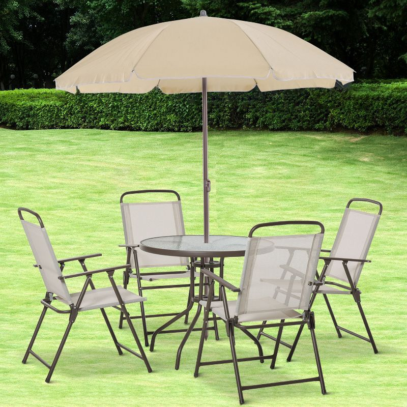 Outsunny 6 Piece Patio Dining Set for 4 with Umbrella, 4 Folding Dining Chairs & Round Glass Table for Garden, Backyard, and Poolside, Beige