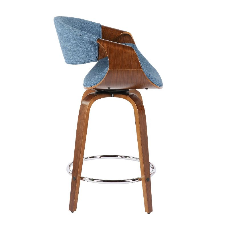 LumiSource Set of 2 Curvini Upholstered Counter Height Barstools Blue/Walnut: Swivel, Chrome-Plated, Wood Legs