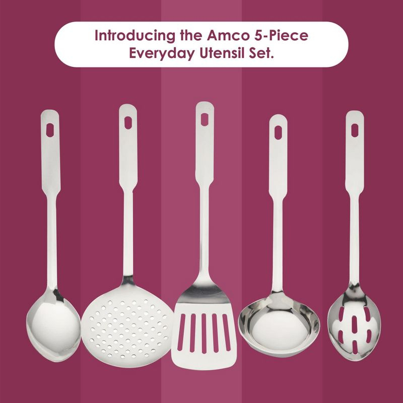 Amco 5-Piece Everyday Utensil Set - Stainless Steel & Heat Resistant, Hang Hole for Easy Storage