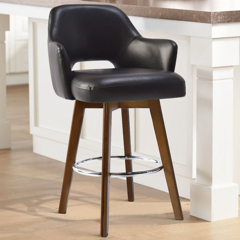 26.5" Edward Armrest Black Faux Leather Thick Seat 360° Swivel Counter Height Barstool Combine with Rubberwood Legs and Silver Footrest-Maison Boucle