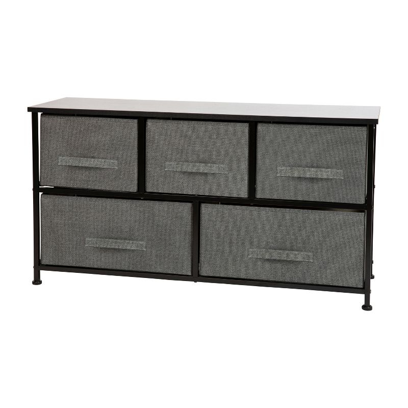 Flash Furniture 5 Drawer Wood Top Black Cast Iron Frame Vertical Storage Dresser with Dark Gray Easy Pull Fabric Drawers