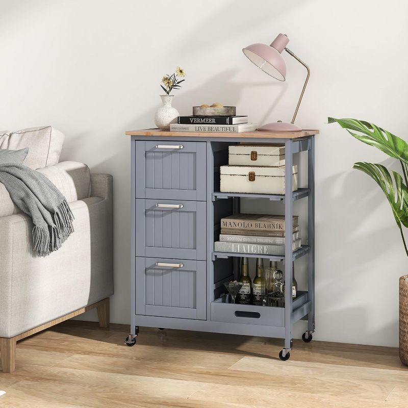 Tangkula Kitchen Island Cart on Wheels w/Rubber Wood Top 3 Storage Drawers & 2 Removable Shelves & Removable Tray Lockable Casters Grey