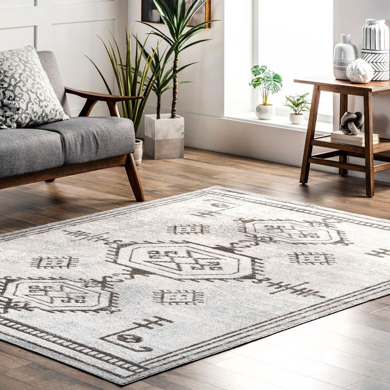 Nuloom Kyleigh Pet Friendly Machine Washable Southwestern Area Rug, 4' x 6', Light Grey