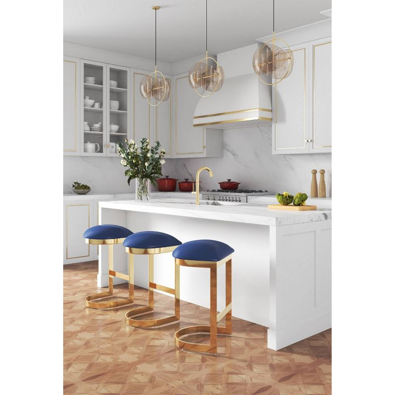 Set of 2 Aura Upholstered Stainless Steel Barstools Blue - Manhattan Comfort: Faux Leather, 28.54" Height, Footrest