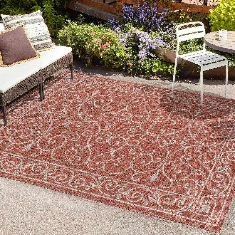 4'x6' Charleston Vintage Filigree Textured Weave Indoor/Outdoor Area Rug, Red/Beige - JONATHAN Y