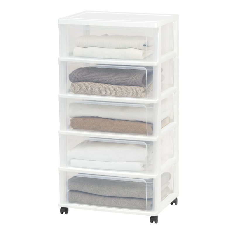 IRIS USA 5 Drawer Wide Storage Drawer Cart with Caster Wheels, Plastic Rolling Dresser for Home Closet Bedroom Bathroom Office Laundry, White/Clear