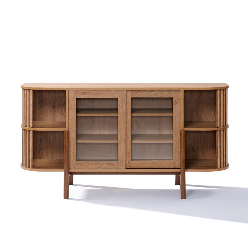 LuxenHome 2-Door and Open Storage 59-Inch Wide Sideboard Server Cabinet with Rubberwood Legs