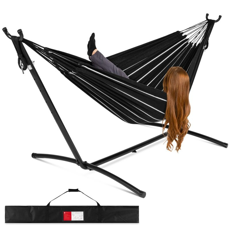 Best Choice Products 2-Person Brazilian-Style Cotton Double Hammock with Stand Set w/ Carrying Bag - Onyx