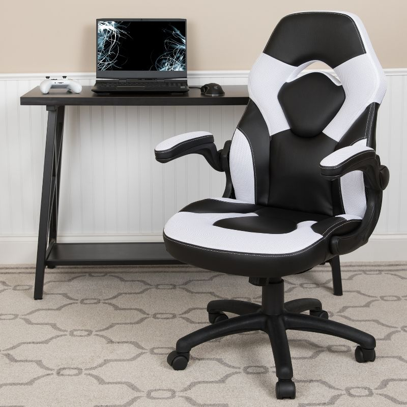Flash Furniture X10 Gaming Chair, Racing Ergonomic Office Chair, Height Adjustable Swivel Computer Chair with Flip-Up Arms, White/Black LeatherSoft