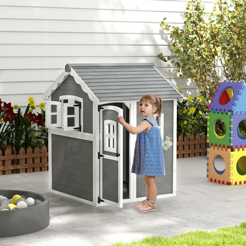 Outsunny Playhouse for Kids, Outdoor Wooden Playhouse with Floor, Door, Windows & Planter Box for 3-8 Years Old, Backyard, Lawn, Garden, Gray