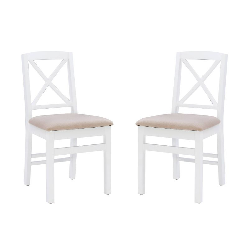 Set of 2 Triena X-Back Linen Folding Chairs White - Linon: Beige Seat, Rubberwood Frame, 225 lbs Capacity