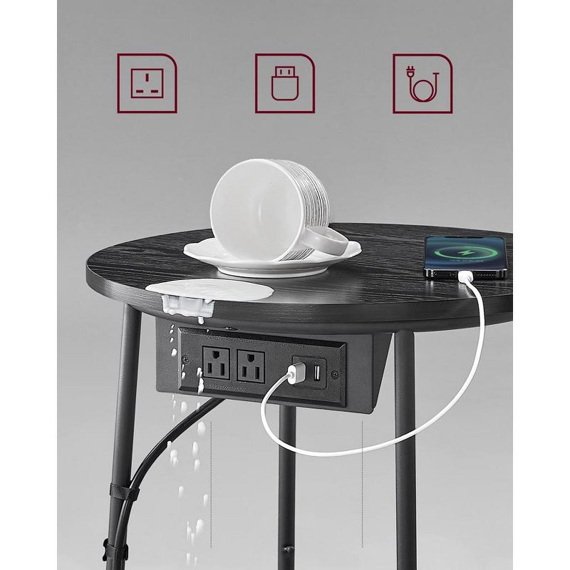 VASAGLE Side Table with Charging Station, Round End Table With Fabric Basket, Nightstand with Power Outlets USB Ports Ebony Black and Slate Gray