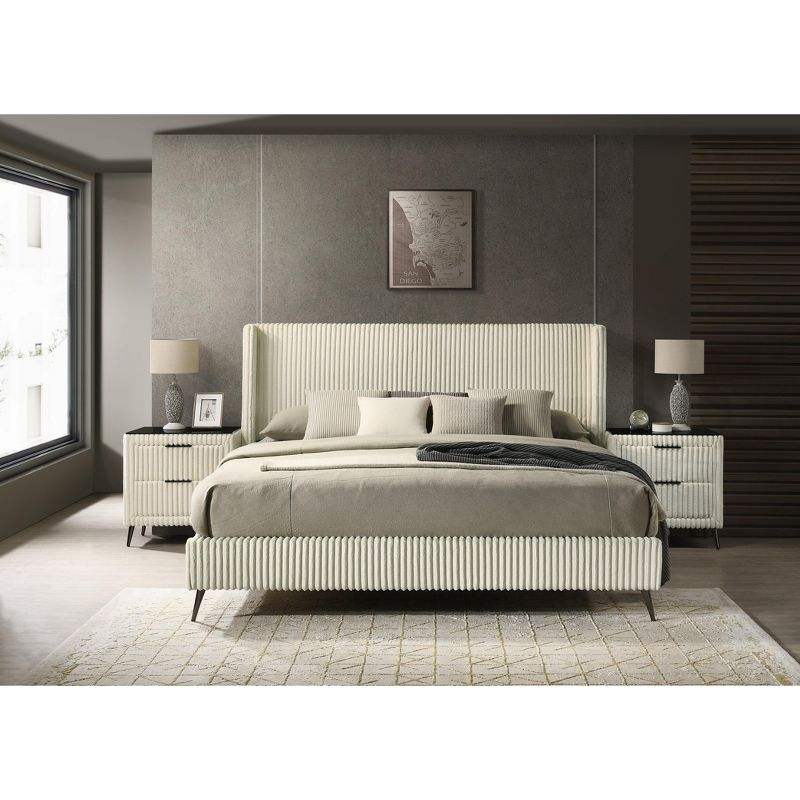 Roundhill Furniture Mavela Wide-wale Corduroy Upholstery Panel Bed with 2 Nightstands and Bench Cream Queen