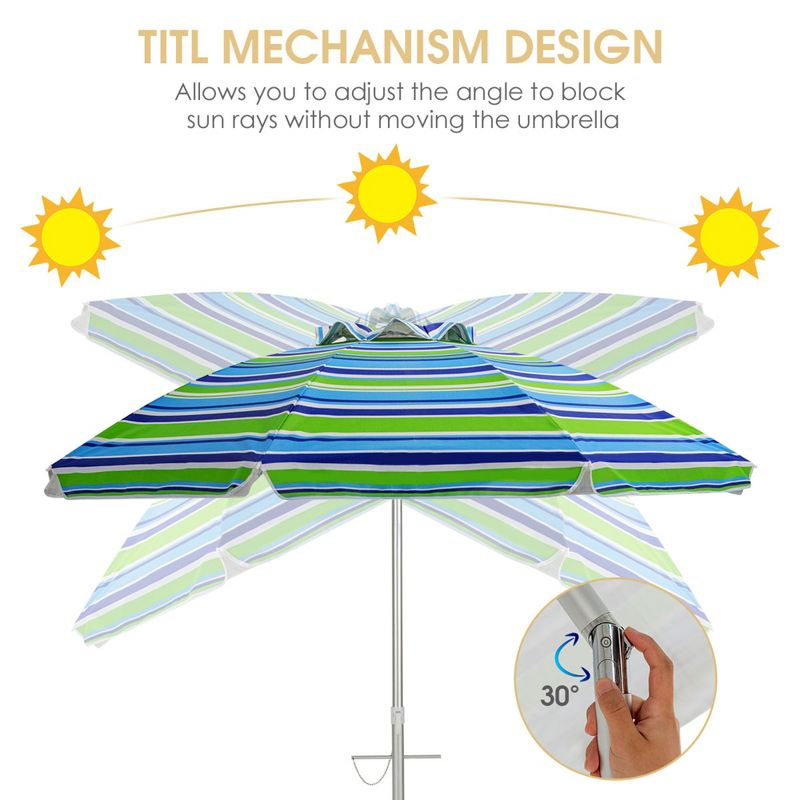 Tangkula 6.5Ft Beach Umbrella w/ Tilt Mechanism Sand Anchor Carrying Bag Blue + Green