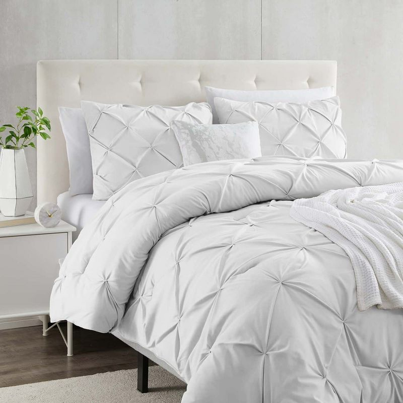 Nestl 3 Piece Pinch Pleated Duvet Cover Set, Queen Size Double Brushed Pintuck Duvet Cover with Button Closure, White