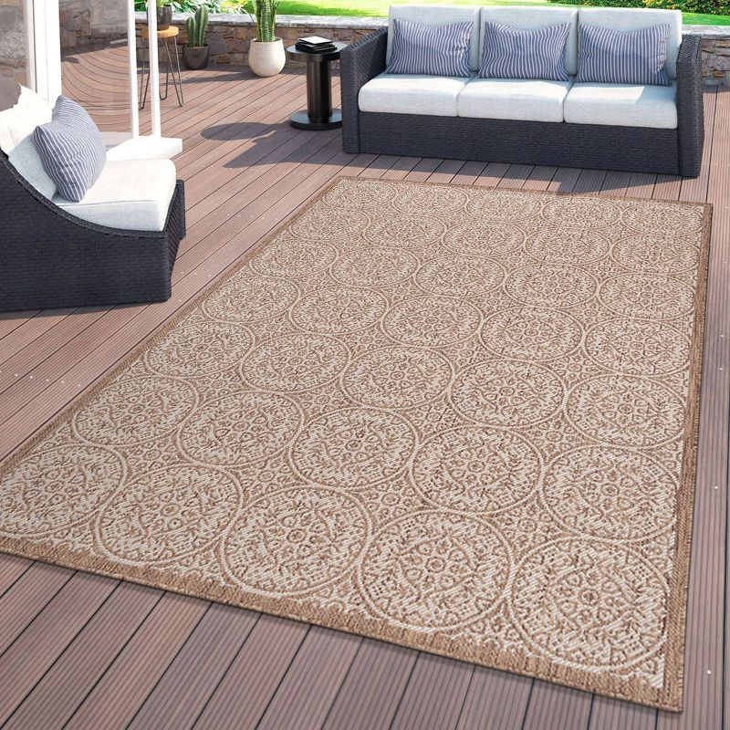 World Rug Gallery Transitional Floral Circles Textured Flat Weave Indoor/Outdoor Area Rug - BROWN 7'10"X10'