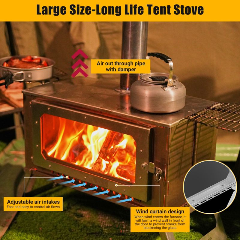 Portable Tent Stove, Hot Tent Stove with View Glass, 5 Chimney Pipes & 3 Shelfs, Wood Burning Stove for Camping, Outdoor Heating and Cooking