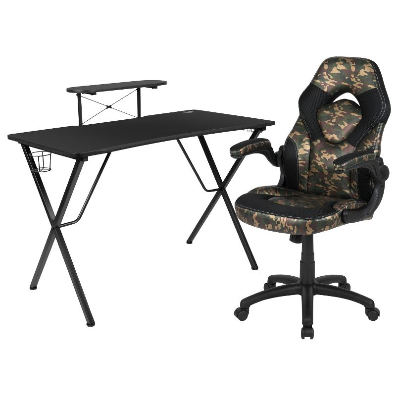 Flash Furniture Black Gaming Desk and Camouflage/Black Racing Chair Set with Cup Holder, Headphone Hook, and Monitor/Smartphone Stand