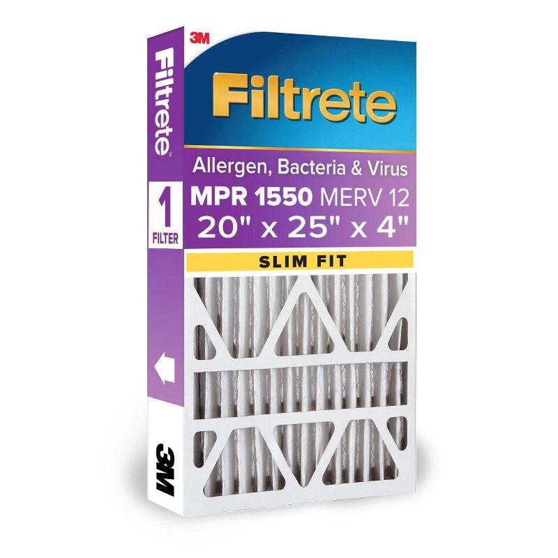 Filtrete 20" x 25" x 4" Slim Fit Allergen Bacteria and Virus Deep Pleat Air Filter 1550 MPR: MERV 12, Electrostatic, Furnace Filter